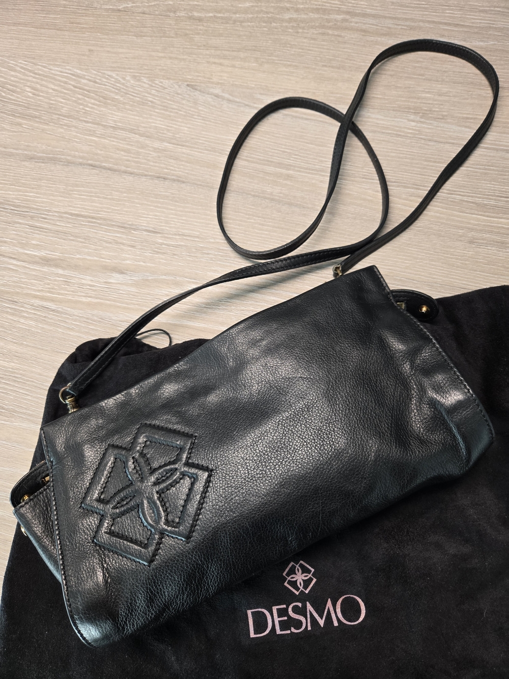 DESMO Black Leather Crossbody with Embossed Logo